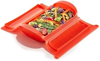 Lékué 1-2 Person Steam Microwave Cooking Case with Draining Tray & 10min Cookbook (Red) 100% Silicone BPA-Free Family Portion Steam Cooking Container for Meals, Vegetables, Meat, Fish & More