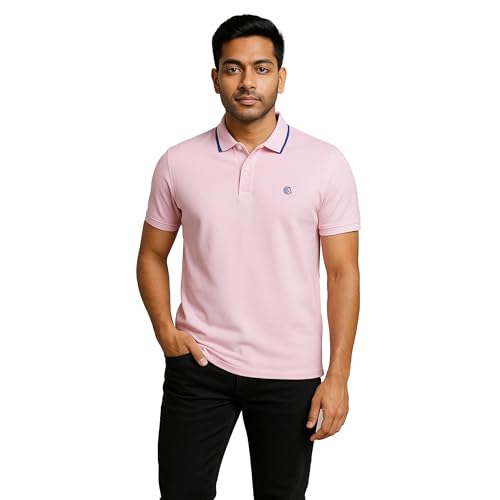 MANE AND MINI Mens Cotton Regular Fit Solid Polo T Shirt, Half Sleeve with Two Way Anti Curl Collar T-Shirt for Men Baby Pink M