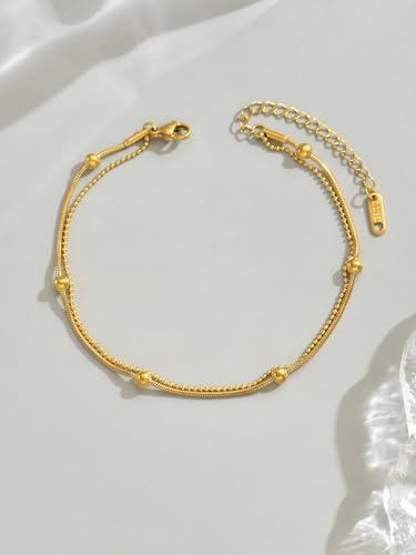 Image of 18K Gold Plated Anklets for Women Dainty Non Tarnish Ankle Bracelets Cuban Link Chain Anklets Layered Heart Beads Rhinestone Anklet Trendy Foot Jewelry