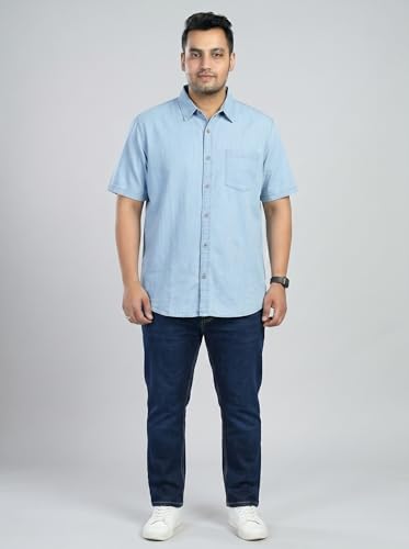 Image of Pluss Tribe - Men's Plus Size Denim Shirt | Blue Casual Half Sleeve Shirt for Men | Soft Washed Cotton Denim Fabric | Regular Fit Button-Down Summer Shirt with Pocket - 4XL to 7XL