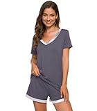 WiWi Bamboo Viscose Pajama Set for Women Soft Short Sleeve Summer Cooling 2 Piece Pjs Sleepwear Plus Size Loungewear Lounge, Dark Grey, Medium