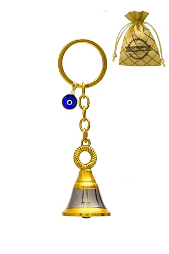 Image of TrollGadgets Premium Guardian Bell Keychain for Bike & Car | Tibetan Texture Bell Keychain with Evil Eye & Silver Hook | Good Luck Charm with Laser-Engraved Box And Potley