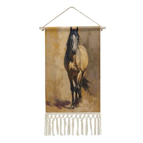 Jubonexis Arazzo da parete in lino, poster vintage da appendere alla parete con nappe e asta in legno