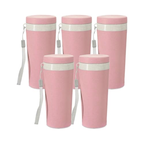 Kit 5 Copo T&eacute;rmico de Bambu com Al&ccedil;a e Tampa, 310 ml, Rosa