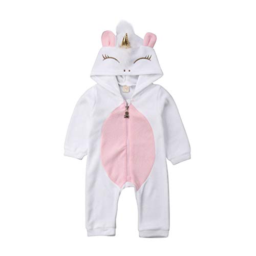 Newborn Baby Girls 3D Unicorn Angel Wings Hooded Zipper Romper Jumpsuit Outfits Clothes Autumn Winter Clothing (White, 0-6M)