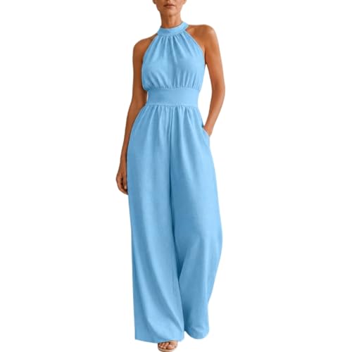 Mono halter de pierna ancha elegante para invitadas de boda de verano 3