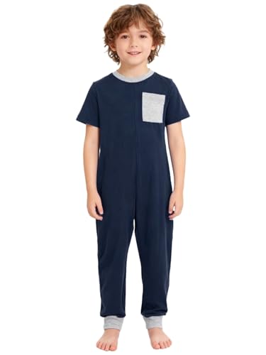 easyforever Special Needs Adaptive Clothing for Kids Boys Short Sleeve Anti-Strip Jumpsuit Back-Zip Long Leg Romper Navy Blue 6 Years