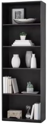 5-Shelf Bookcase, White, Adjustable Shelves, Solid Wood Display Bookshelf for Living Room and Office (White)