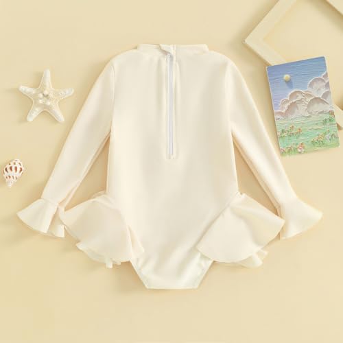 Kids Toddler Girls 3D Flower Swimsuit Flare Long Sleeve Ruffle Bodysuit One Piece Rashguard Swimsuit Bathing Suits3