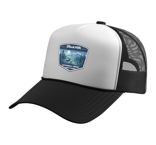 Black Hills National Forest South Dakota Nature Wildlife Trucker Hat with Adjustable Mesh Back, Black/White