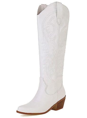 CRETUAO Botas Altas hasta la Rodilla Occidentales Bordadas Mujer,Botas largas tacón Grueso con Punta Puntiaguda a la Moda,Botas Vaqueras tacón Medio con Mariposa clásica Retro,Blanco,44 EU