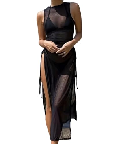Goth Durchsichtiges Kleid Damen Rave Outfit, Bodysuit Longe Nachtwäsche Seitlich Geschlitztes, Langes Damenkleid mit hohem Schlitz,Schwarzes Cutout...
