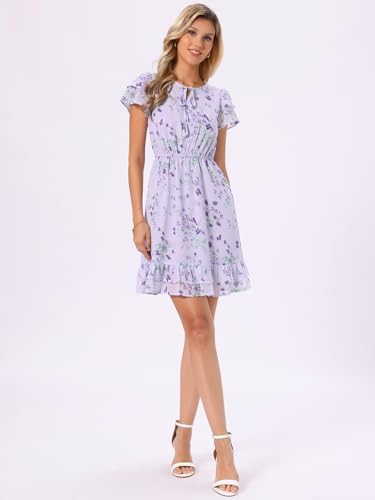 Image of Allegra K Women's Ruffle Sleeve Self-Tie V Neck Flowy Ruffled A-Line Floral Chiffon Dress