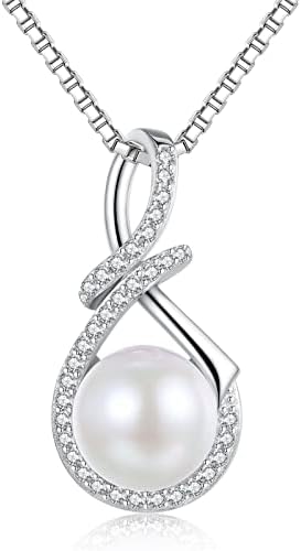 Dickbe Pearl Necklaces for Women with Infinity Design Pearl Pendant Necklace Sterling Silver Box Chain Single Pearl Necklace jewelry Gifts for Christmas Anniversary Wedding (Style B)