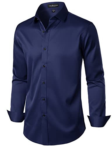 Lucmatton Men's Stylish Stretch Wrinkle-Free Dress Shirt Formal Long Sleeve Slim Fit Button Down Shirts For Wedding Party Navy Xx-Large #TOP1