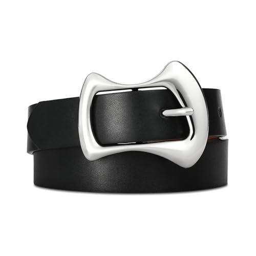 Women's Black Belt with Silver Buckle Fashion Waist Belt for Women Black Leather Belt for Jeans Dress
