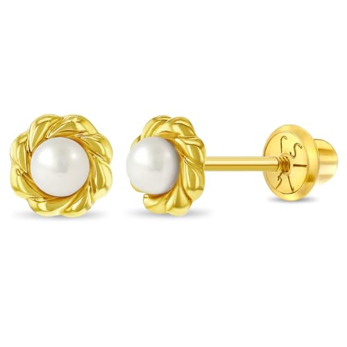 14k Yellow Gold Young Girl's Cultured Pearl Braided Bezel Screw Back Earrings - Small Beautiful Stud Earrings for Children