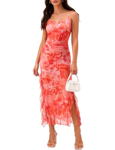 DRESSTELLS Women's Formal Wedding Guest Summer Floral Maxi Mesh Long Spring Easter Spaghetti Strap Cocktail Garden Party Dresses White Orange Flower XL