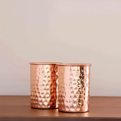 Image of 100% Pure Copper Hammered Tumbler Set of 6 (300ml Each) | Handmade Ayurvedic Copper Water Glasses | Traditional Tamba Drinking Glasses for Home & Kitchen