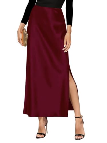 Women's Satin High Waisted Side Split Maxi Skirt Elastic Waistband Long Silk Skirts for Women