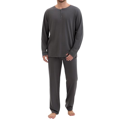 Mens Pajamas Set Henley T-Shirt Comfy Pj Sets Long Sleeve Pajamas Cotton 2-Piece Loungewear Nightwear with Pockets