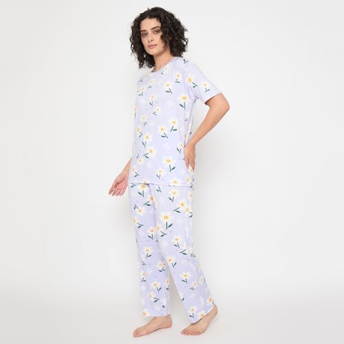 Image of CAMEY Women's Printed Pyjama Set, Short Sleeve T-Shirt and Trousers, Women Nightsuit, Loungewear Sets