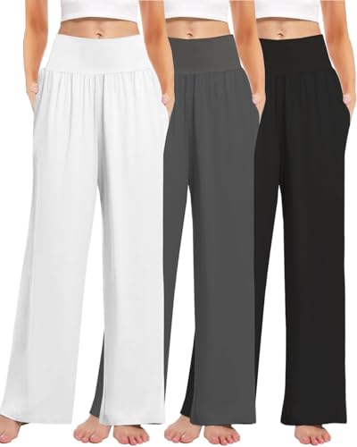 3PACK Women's Casual Loose Wide Leg Cozy Pants Yoga High Waisted Sweatpants Comfy Lounge Pants with Pants with Pockets