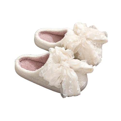Plush Bow Slippers for Women Men Memory Foam Warm Cozy Cushion Bowknot Slippers House Shoes Indoor Outdoor