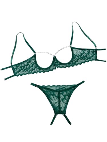 Image of Lilosy Women's Sexy Underwire Floral Lace Sheer Bachelorette Lingerie Set See Through Bra and Panty 2 Piece Chain Army Green Medium
