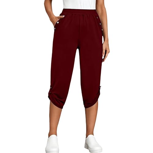 Pantalones Cargo de Viaje Ligeros de Secado rápido para Mujer, Cintura elástica, Estilo Jogger Cropped, Pantalones Senderismo, Color Rojo Vino, Talla pequeña.