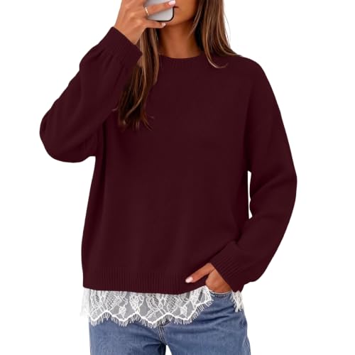 Oversized Sweaters for Women Lace Trim Hem Long Sleeve Trendy Pullover - image 2