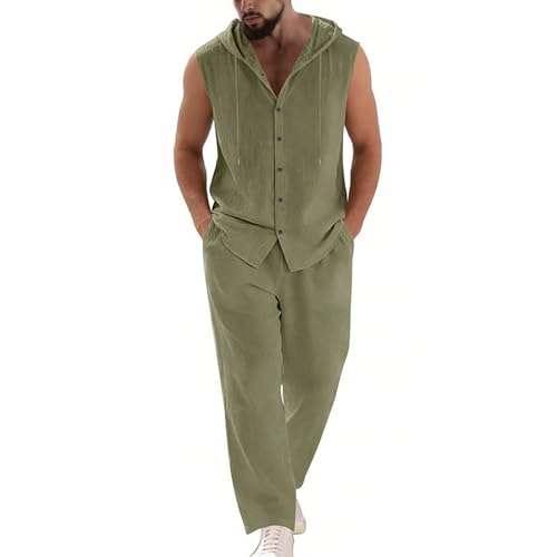 Generisch Traje de lino para hombre, sin mangas, camisa de lino, camisa con capucha, pantalones de lino, traje de ocio, 2 piezas, camiseta interior de verano y pantalones de playa, verde, L