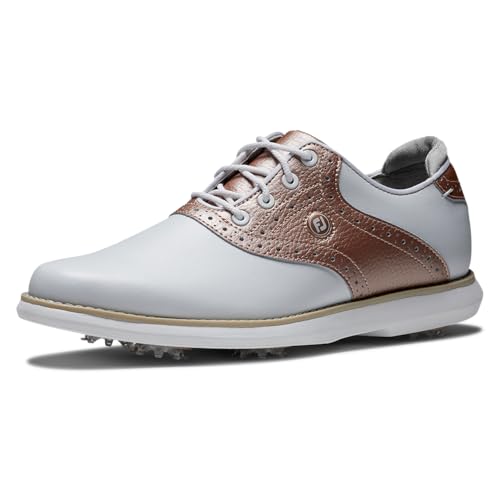 FootJoy Women's Traditions Previous Season Style Golf Shoe, White/Rose Gold, 9