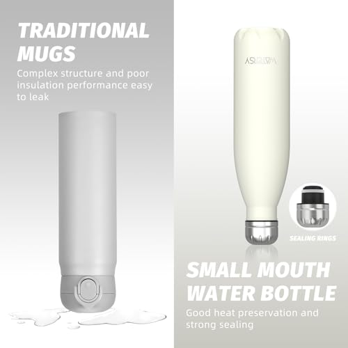 WATERSY Stainless Steel Insulated Water Bottle, Double Walled Metal Vacuum Flask Keep 24 Hrs Cold & 12 Hrs Hot Thermal Metal Sports Bottles 500ml BPA Free for Outdoor, Work, Gym, School (Cream White)