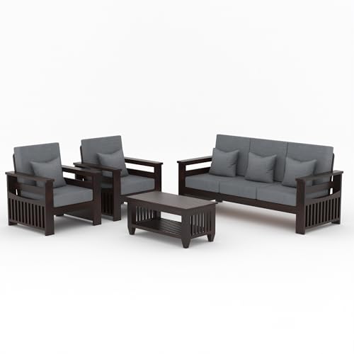 Image of KINGS HOME FURNITURE Sheesham Wooden 5 Seater Sofa for Living Room | Rosewood 5 Seater Cushion Sofa Side Half Moon Rack | Solid Wood Sofa Set for Lounge (-3+1+1,Walnut Finish)