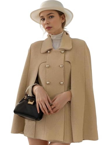 CHARTOU Women's Elegant Poncho Double-Breast Slit Sleeve Flowy Wool Blend Cape Cloak Coat