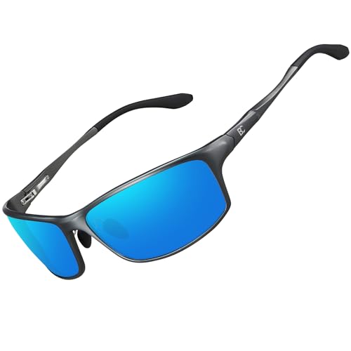 Image of Bircen Polarized Mens Sunglasses: UV Protection Black Blue Shades for Men Sport Driving with Al-Mg Metal Frame