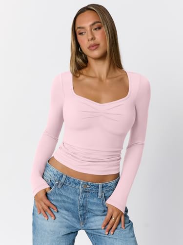 Trendy Queen Womens Long Sleeve Shirts Going Out Crop Tops Sweetheart Neck Workout Tops2