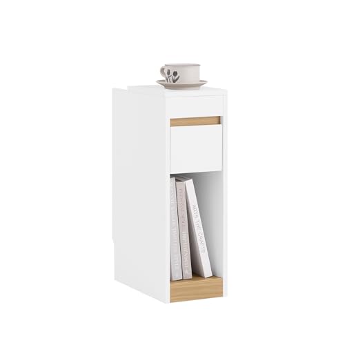 SoBuy Mesa de Noche Estrecha de 20 cm Mesita con cajón y Estante de Almacenamiento, Mesa Auxiliar ahorradora de Espacio para Dormitorio y Sala de Estar, Blanca y Natural 20 x 35 x 60 cm FBT163-WN