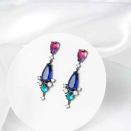 Teardrop Crystal Dangle Drop Earrings for Women Colorful Flower Chandelier Iridescence Cubic Zirconia Vintage Statement Wedding Earrings Mom Wife Prom2