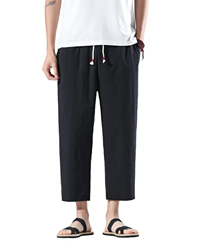 PRIJOUHE Mens Harem Pants Casual Lightweight Loose Fit Capri Pants Linen Beach Pants with Elastic Waistband2