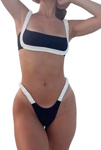 HYTENSUN Women&#39;s Bandeau Cheeky Bikini Colorblock Square Neck High Cut Swimsuits Two Pieces Bathing Suits