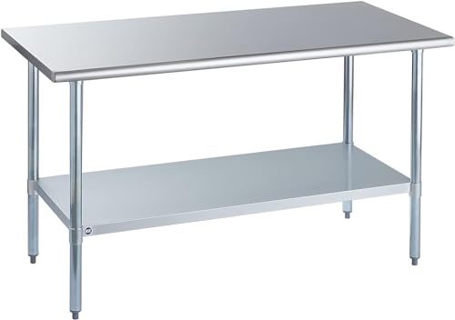 Image of ROCKPOINT Stainless Steel Table for Prep & Work 30x60 Inches, NSF Metal Commercial Kitchen Heavy Duty Table with Adjustable Under Shelf and Table Foot for Restaurant, Home and Hotel