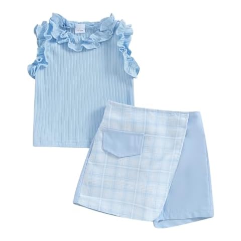 Madjtlqy Toddler Baby Girl Outfit Solid Color Tops and Shorts Set Infant Summer Clothes 6 12 18 24 Months 2t 3t 4t (A-Blue, 2-3T) Cover