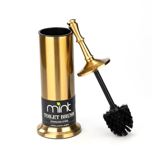 Image of J&V TEXTILES Industrial Toilet Brush, Toilet Bowl Brush with Extra Long Handle Durable Bristles Toilet Scrubber and Covered Holder for Toilet Brush Set (Aged Brass)
