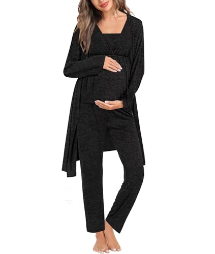 Image of SWOMOG Maternity Nursing Robe Set 3 Piece Breastfeeding Pajamas 3 in 1 Labor Delivery Sleevless Tops&Long Pants Pregnancy Pjs