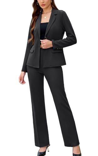 Women's 2 Piece Suits Business Casual Outfits Long Sleeve Solid Pantsuits Professional Office Work Sets Dark Grey