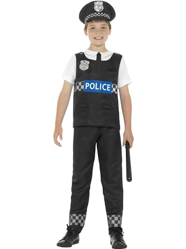 Smiffys Cop Costume Black & White with Top Trousers & Hat Boys Fancy Dress Cops and Robbers Dress Up Costumes