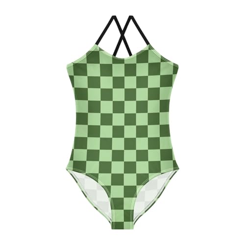 Image of Black and White Chess Girls One Piece Swimsuits Board Marble Tile Sport Halter Swimwear Beach Bathing Suit 3T