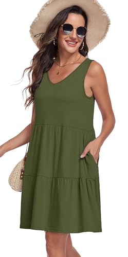 Image of Sundresses for Women Summer Sleeveless Tiered Swing V Neck Tank Dress | 2026 Casual Loose Tank Dress with Pockets, A-Line Flowy Beach Sun dress, Vacation Cruise Fashion Outfits